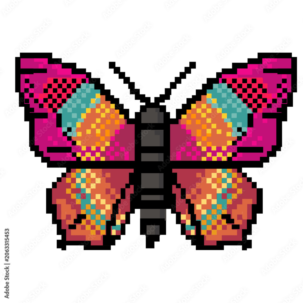 Obraz premium Pixel art butterfly icon, colorful retro insect