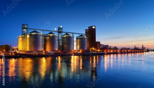 buffalo ny waterfront with illuminated grain silos