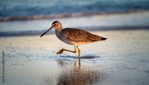 willet bird foraging on one leg in wet sanibel island sand