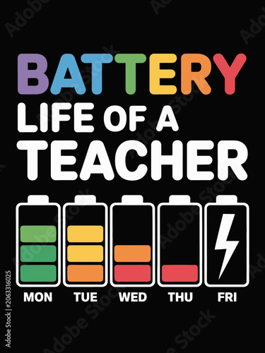 A humorous illustration depicts a teacher's energy levels throughout the week using battery icons.