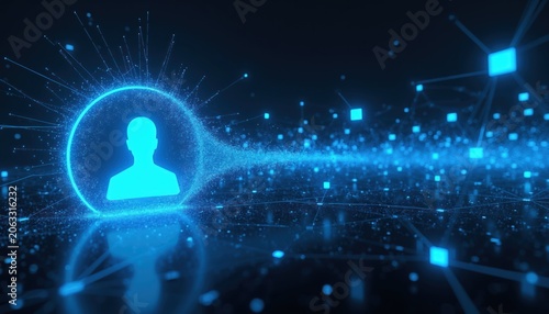Digital glowing human profile icon connects to abstract network grid. Data nodes, particles form connections across dark cyberspace. Futuristic concept of digital identity, system integration.