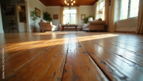 Warm sunlight streams across aged wooden floorboards inside a cozy, furnished living room. The polished surface reflects light. Natural textures and vintage appeal create inviting home atmosphere.
