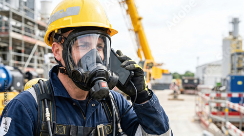 Construction worker wearing gas mask and talking on phone at construction site, safety equipment is essential for communication in hazardous conditions.