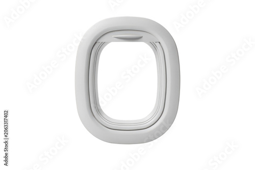 Open white airplane window with the plastic shade pulled up showing the empty frame isolated on a black background, for travel concepts