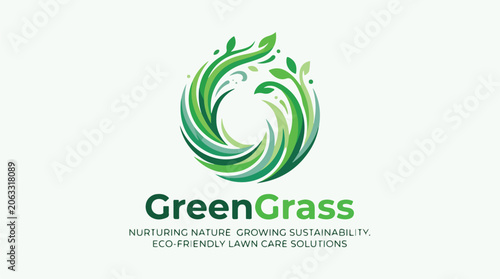 Eco friendly lawn care logo with green swirling leaves and sustainability tagline on white background