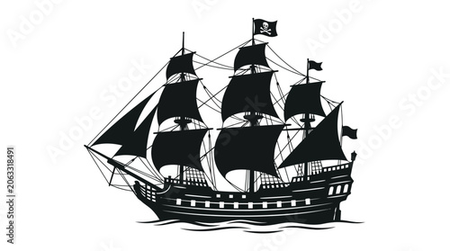 Bild auf Leinwand Pirate Ship Silhouette Against White Background Detailed Nautical Illustration