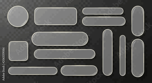 Clear glass UI buttons and frames set, offering a sleek transparent frosted effect for modern web design, app interfaces, and various graphic projects