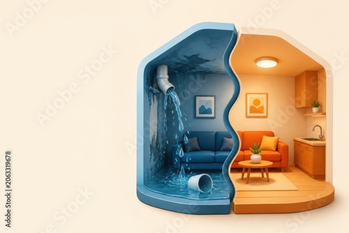 Flooded house cutaway with safe interior and home disaster concept 3D render