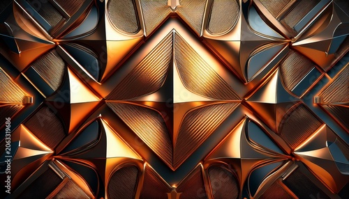 a detailed abstract pattern of geometric shapes with a shiny metallic surface