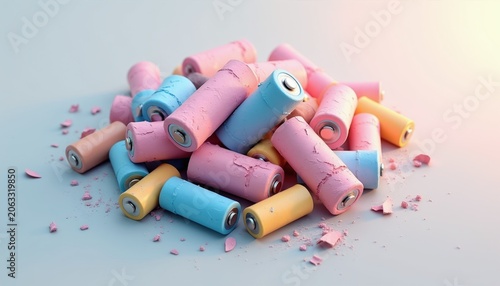 Heap of colorful AA batteries looks worn out and cracked. Some batteries are blue, pink, and yellow. Battery powder lies around. Concept of energy depletion or power loss. Waste and disposal issues.