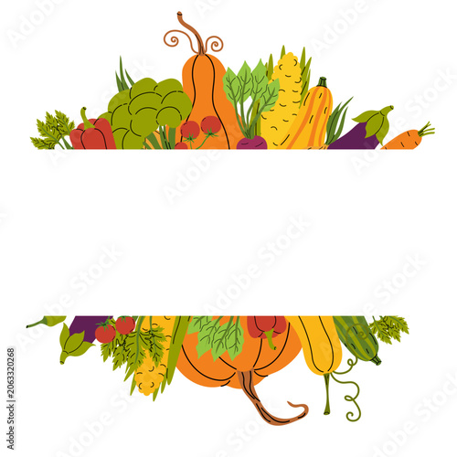 Vegetable frame. Harvest scene with cope space. Cozy autumn vibe. Great for recipe cards, farmers marketor thanksgiving poster