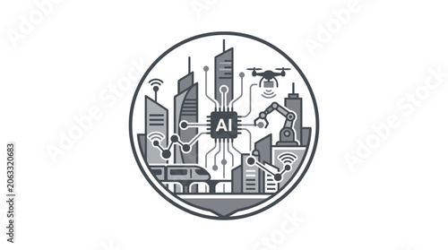Artificial intelligence smart city circle icon with automation technology.