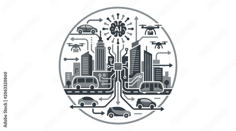 Obraz premium Autonomous vehicle network within a smart city circular hub