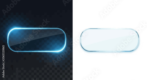 Glowing UI elements illuminated blue and white rounded buttons with reflective surfaces on dark and light backgrounds