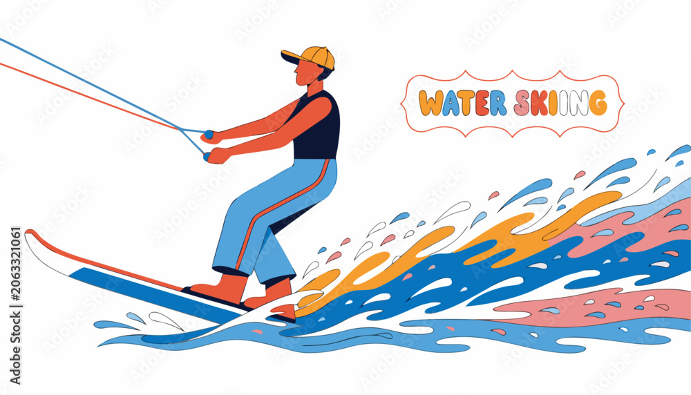Fototapeta premium Very beautiful colorful vector illustration featuring a WATER SKIER gliding rapidly across a sparkling lake, creating elegant spray trails, balanced athletic posture, bright summer atmosphere, and dec