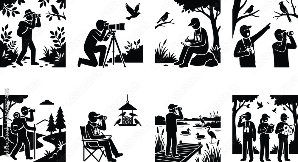 Obraz premium Birdwatching silhouettes of people observing birds with binoculars, cameras, and notebooks in natural outdoor environments