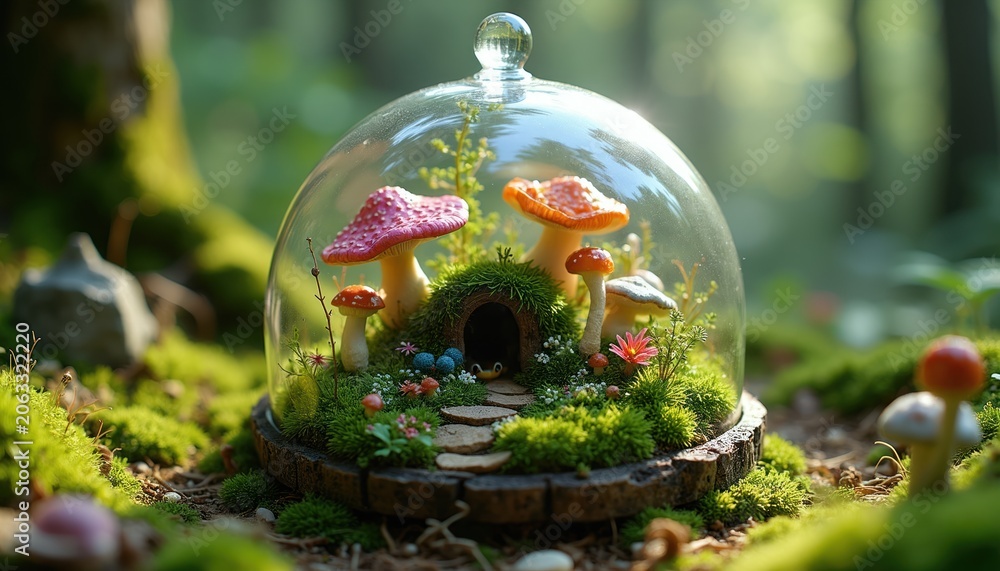 Naklejka premium Miniature forest garden with mushrooms under glass dome. Tiny house, moss, plants create fairytale scene. Nature diorama evokes woodland magic, fantasy world.