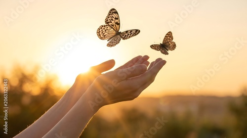 Two delicate butterflies flying away from human hands held out towards the bright warm golden light of a summer sunset