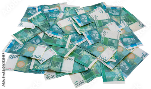 Fotografía Scattered 5000 Kyrgyzstani som banknotes on White Background