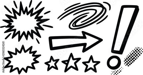 Foto Doodle elements collection featuring hand drawn comic style arrows stars exclama