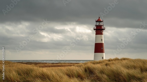 Striped lighthouse amid coastal dunes. Artificial intelligence image