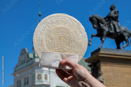 A typical spa dessert is a round wafer with the word 