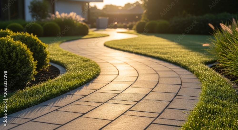 Obraz premium Elegant modern garden pathway of textured grey tiles winding gracefully across a lush green lawn in warm golden hour backlight.