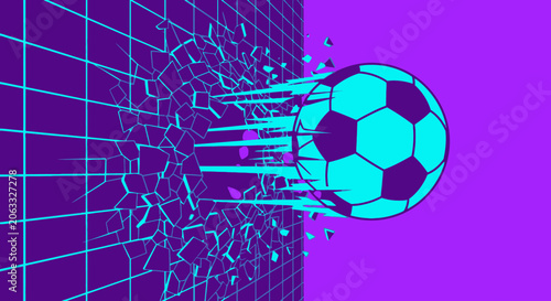 Fotografie Soccer Ball Breaking Through Digital Grid.