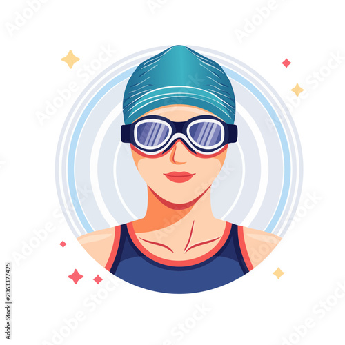 Flat illustration of a female swimmer with goggles and cap