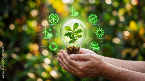 Hands holding glowing lightbulb with sapling and environmental energy icons, sustainability