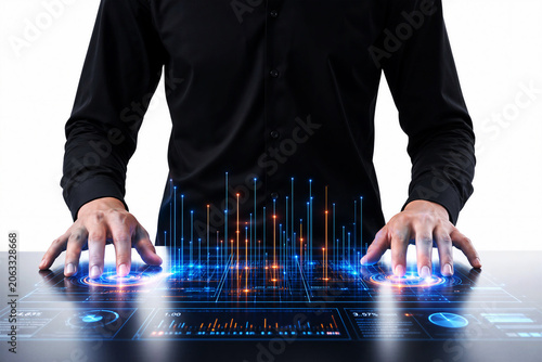 Data analyst interacting with futuristic glowing digital bar chart interface futuristic technology