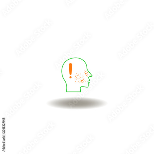 Vector illustration of teenager head with whiteheads, acne, camedones and exclamation mark. Symbol of comedones, acne, whiteheads skin disorder.
