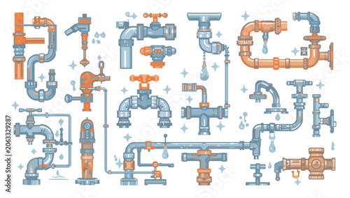 Tablou pe pânză Plumbing pipes and fittings diagram.