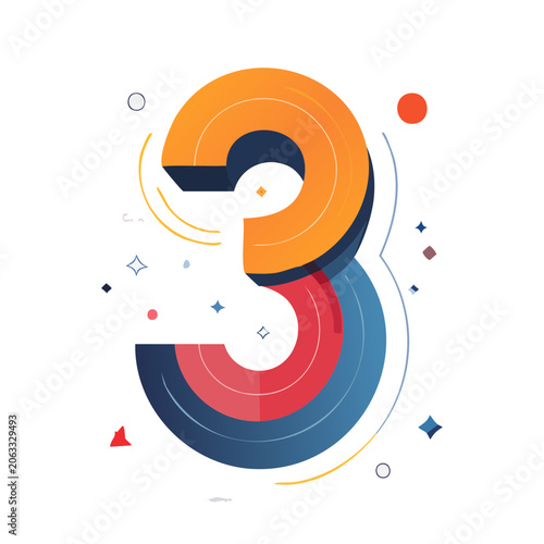 Colorful Number Three in Flat Design Style