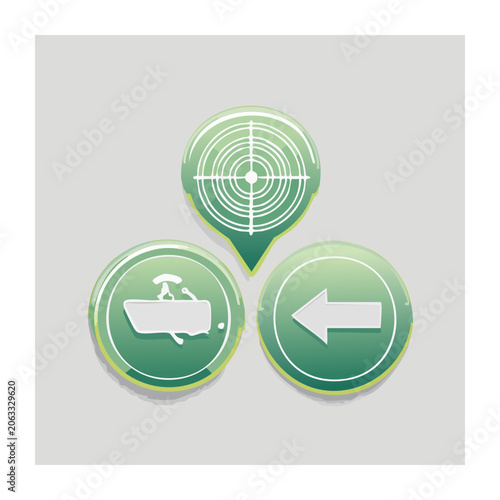 Green navigation icons set with radar airplane and arrow