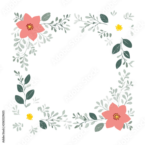 Pink floral frame with leaves and branches illustration