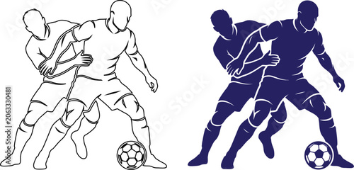 Vászonkép Soccer players battling for ball possession with defender challenge in football