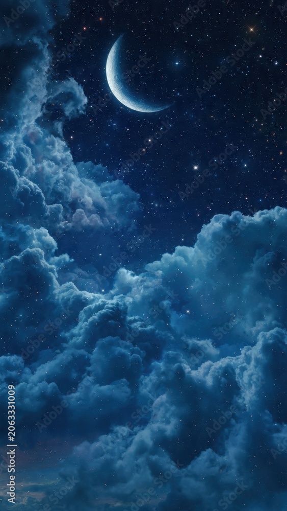 Fototapeta premium Crescent Moon Over Starry Night Sky With Clouds