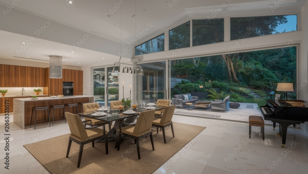 Fototapeta premium Kitchen-dining area with piano and glass wall to yard