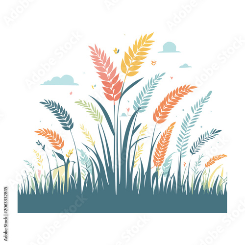 Colorful wheat field illustration with butterflies