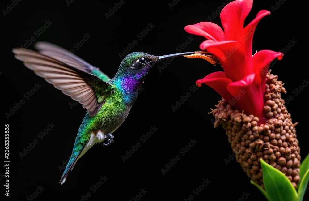 Fototapeta premium Violet-capped Woodnymph hummingbird hovers near red flower. Bird drinks nectar from bloom in Brazilian Atlantic Rainforest. Tiny creature, iridescent green blue feathers.