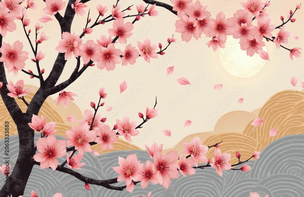 Fototapeta premium Pastel cherry blossom branches frame mountain landscape. Pink flowers bloom against soft sky backdrop. Japanese art style features rolling hills stylized clouds. Seamless pattern ideal for textiles