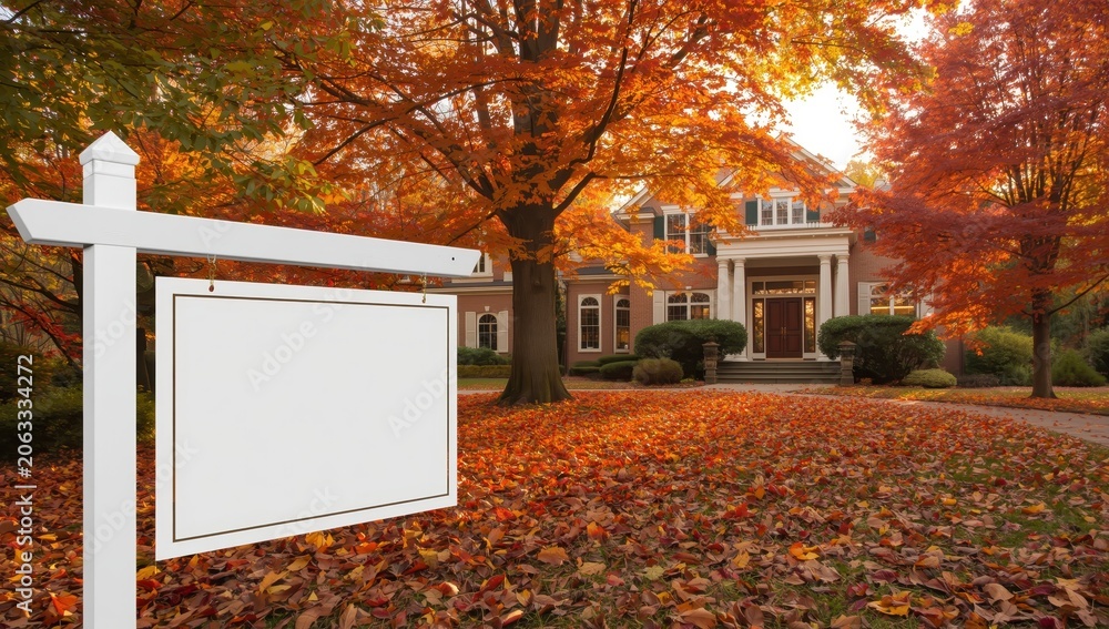 Fototapeta premium Empty real estate sign in autumn, upscale home behind with colorful foliage. Perfect for property advertisements and seasonal marketing in lively neighborhoods
