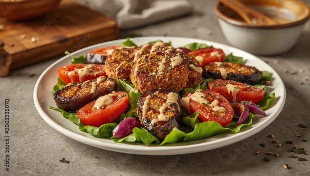 Fototapeta premium A delicious meal featuring a salad with tomatoes, grilled eggplants, and legume falafel topped with sesame tahini dressing. Nutritious vegan food for everyone
