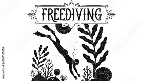 Obraz na płótnie Very beautiful black-and-white engraved vector illustration featuring a freedive