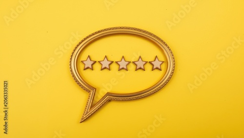Bright gold border, speech bubble featuring five wooden star ratings, set against a yellow backdrop. Represents top-tier quality or satisfaction, customer feedback, marketing idea