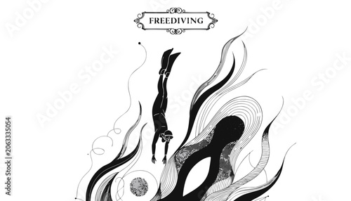 Fotografie Very beautiful black-and-white engraved vector illustration featuring a freedive