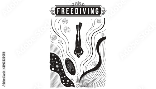 Slika na platnu Very beautiful black-and-white engraved vector illustration featuring a freedive