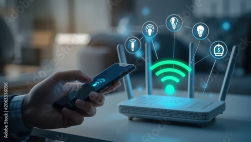 A man's hand grips a smartphone showing a green Wi-Fi icon near a router, featuring smart home automation symbols for IoT connectivity and remote control