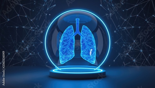 Stylized blue lungs in a glass dome. Neon sphere barrier. Medical safety concept. Futuristic low-poly design. Geometric backdrop. Wireframe connection structure. Vector